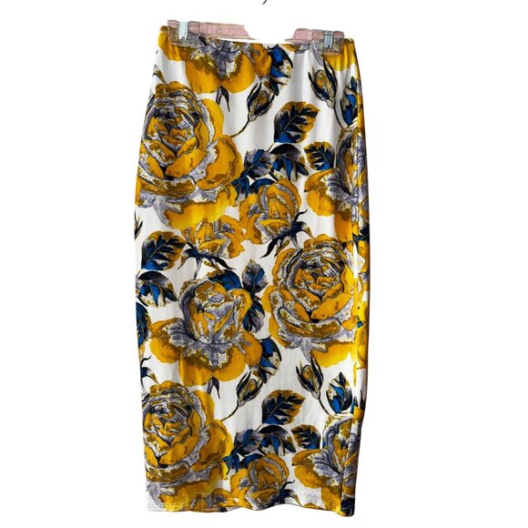 Floral Yellow Blue Midi Pencil Skirt‎ Medium Sexy Rose Print Joe & Elle Stretch - Picture 2 of 6